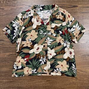 Serengeti Shirt Womens 1X Black Floral Hawaiian Short Sleeve Button Front Blouse